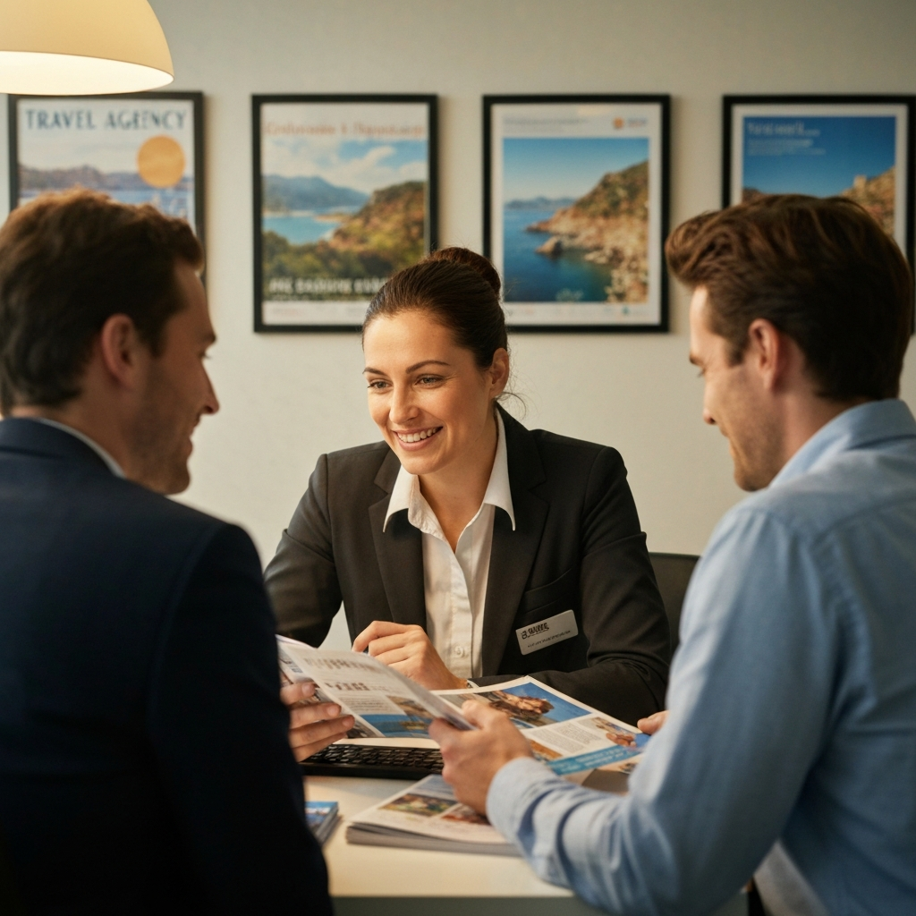 A warmly lit travel agency interior, a travel agent smiles across the desk at a couple reviewing a brochure. Soft bokeh in the background, highlighting travel posters.