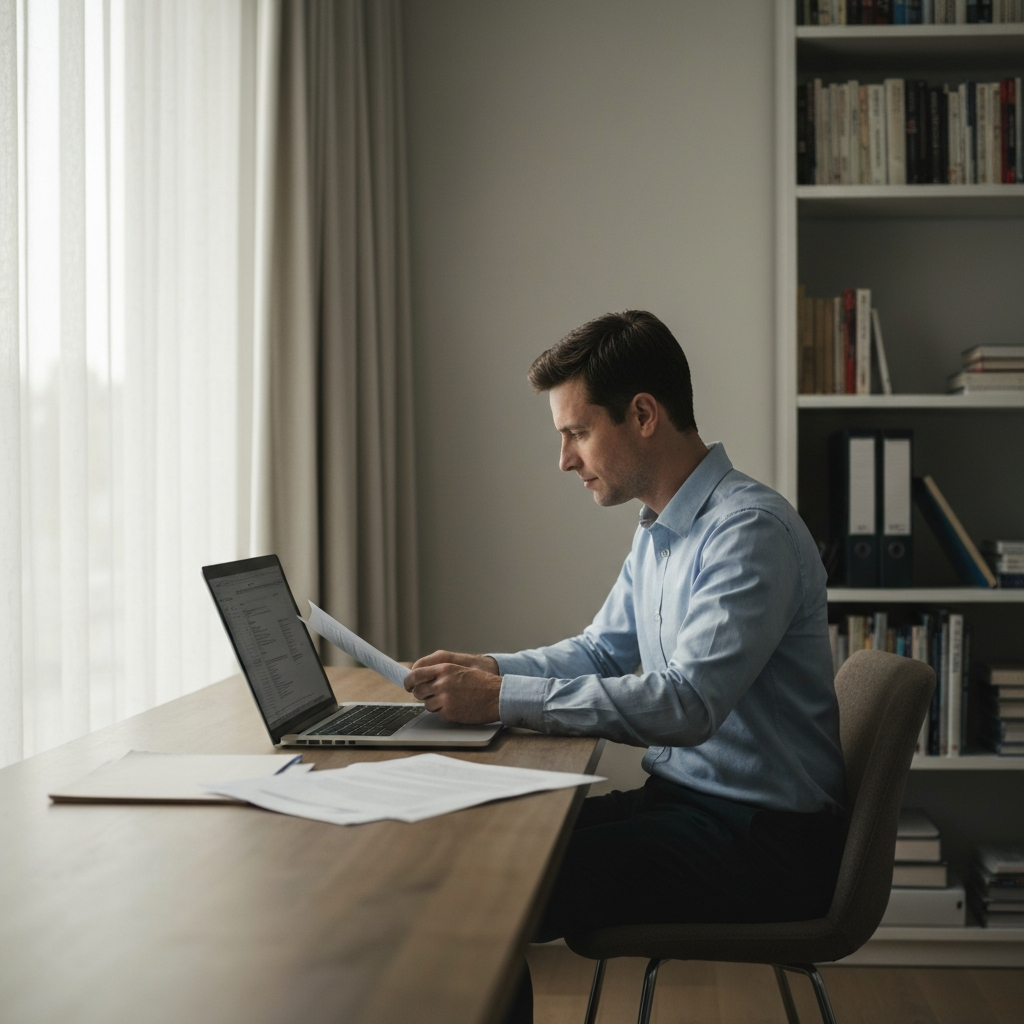 A person sitting at a laptop in a well-lit home office, reviewing documents. The room is neat, with a bookshelf visible in the background. Natural side-lighting highlights the texture of the laptop.