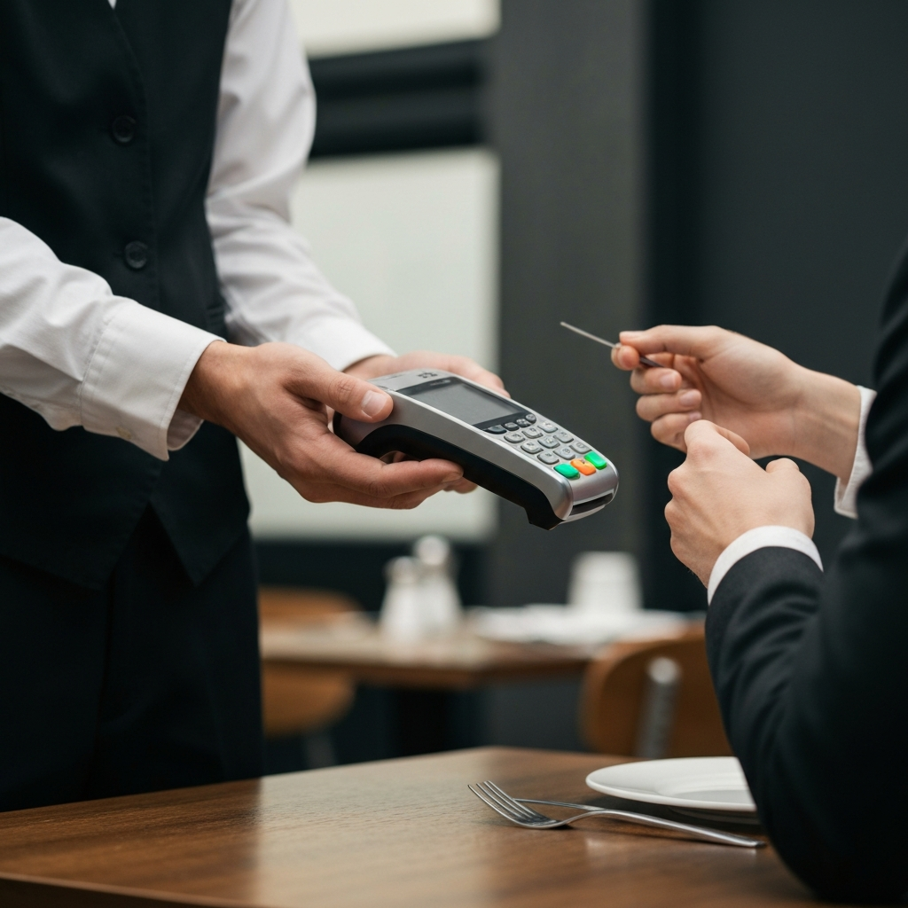 A waiter holding a credit card reader at a restaurant table. Soft focus on the background, highlighting the interaction between the waiter and the customer.