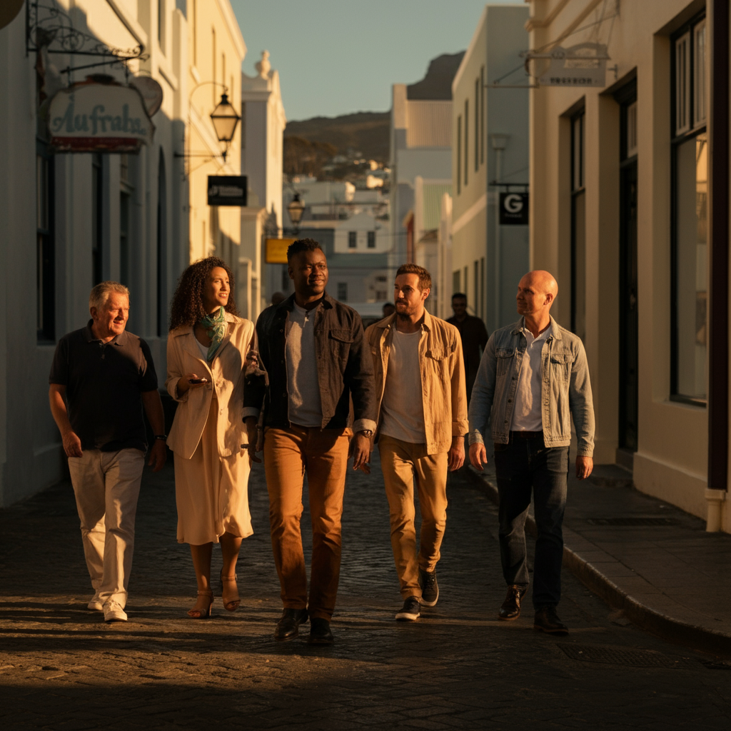 A group of tourists walking along a bustling street in Cape Town, South Africa. They are all casually but neatly dressed, and the street is filled with local shops and cafes. Golden hour lighting, casting long shadows.