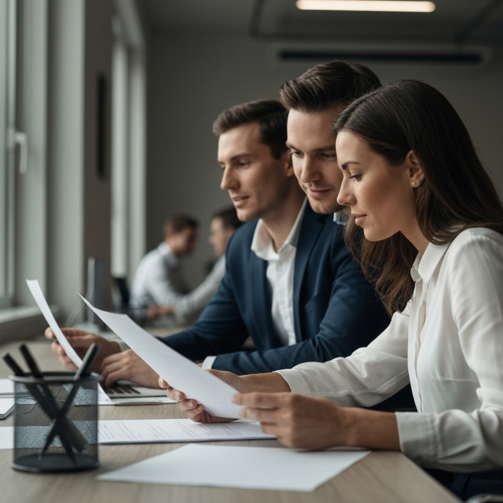 Two colleagues, a man and a woman, sit at a shared desk, side-lit by a window, reviewing documents together. Soft bokeh in the background shows other office workers. Lightly textured paper and metal desk accessories visible.