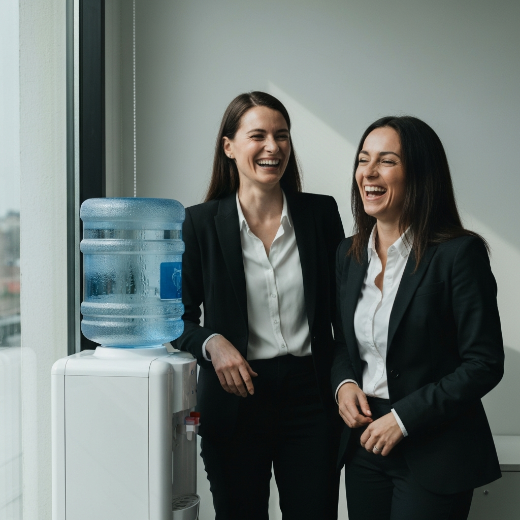 Two coworkers, both women, are laughing together near a water cooler in an office. Natural light from a nearby window illuminates their faces. The water cooler shows slight condensation. They are both professionally dressed.
