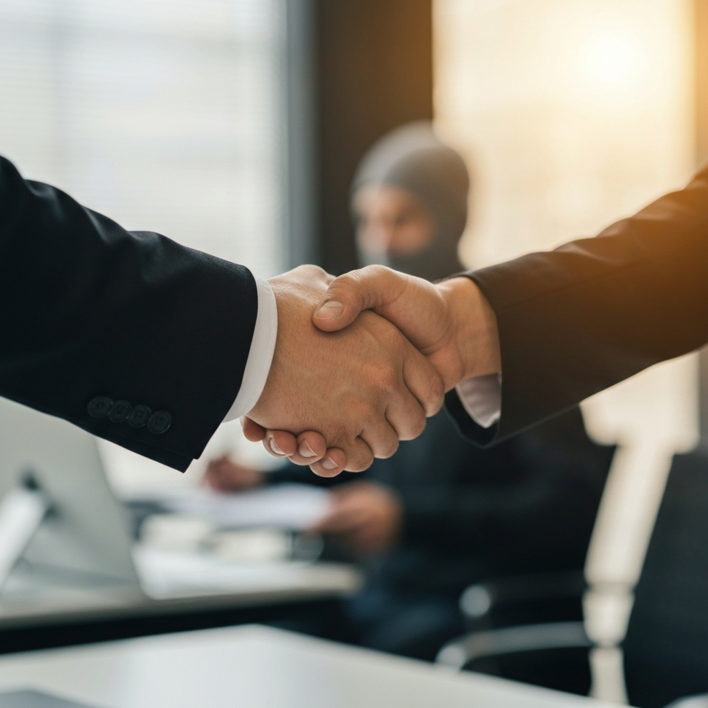 A close-up of two hands shaking in a professional office environment. Soft focus on the background, showing a blurry office setting. Focus is on the texture of the skin and the fabric of the sleeves. Warm, inviting lighting.