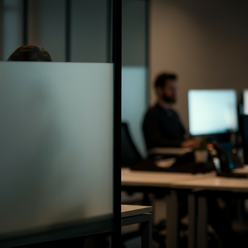 A modern office setting with blurred figures in the background. Focus is on a frosted glass panel separating two desks, suggesting a visual barrier between spaces. Subtle shadows and reflections create depth.