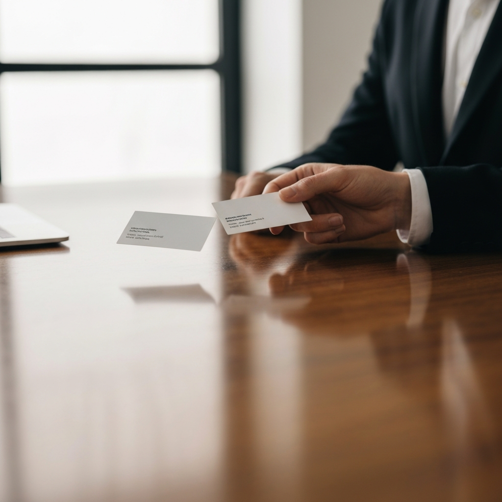 A close-up of two business cards being exchanged across a polished wooden desk. The cards are crisp and professional-looking. Soft, diffused lighting creates a clean and modern look. The desk surface is highly reflective.