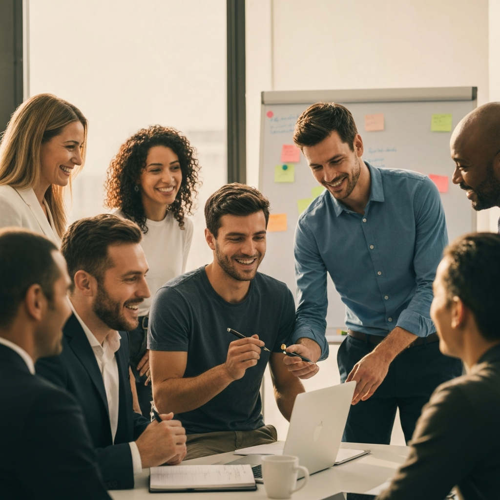 A group of diverse professionals gathered in a brightly lit meeting room, smiling and interacting positively. The focus is on collaboration and teamwork. A whiteboard with notes is visible in the background.