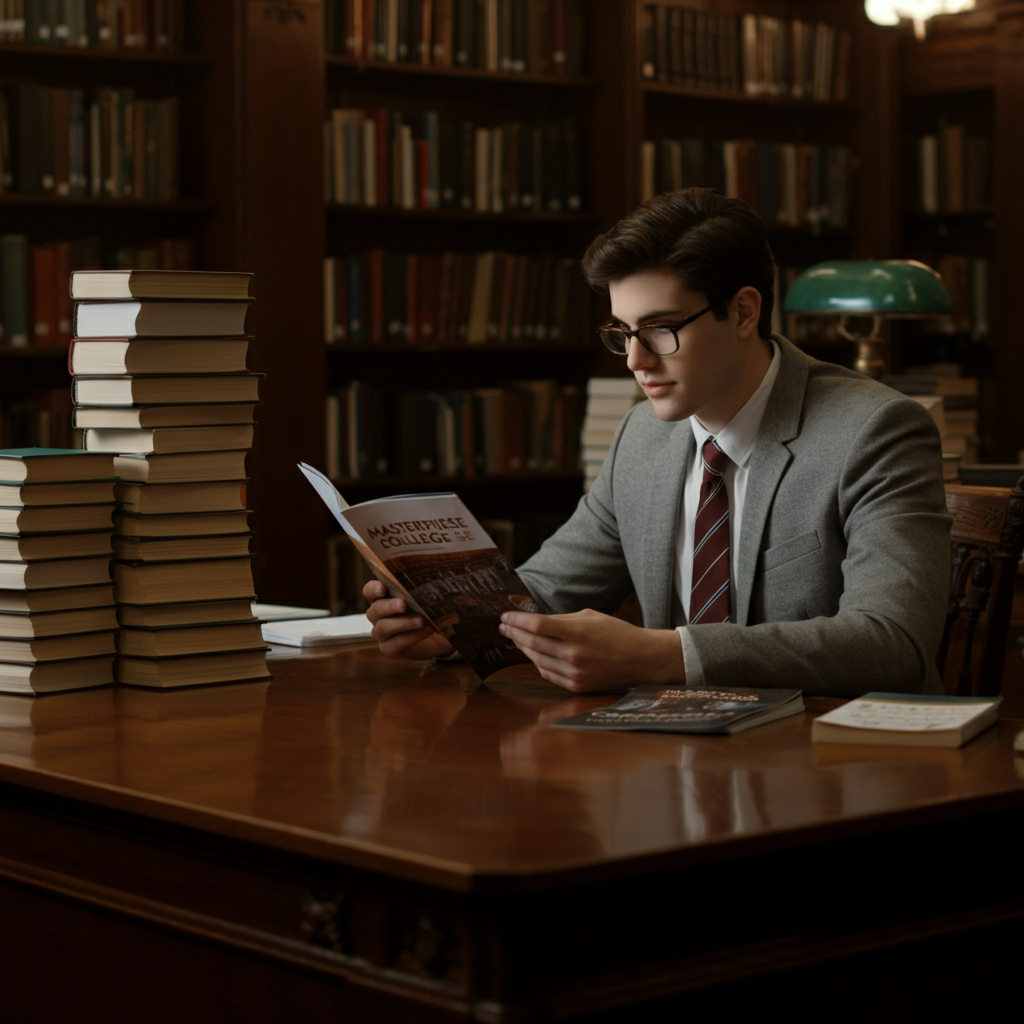 A student sits at a polished wooden desk in a warmly lit library, surrounded by stacks of books. Soft bokeh from the distant shelves creates a sense of focus on the student, who is looking thoughtfully at a college brochure.