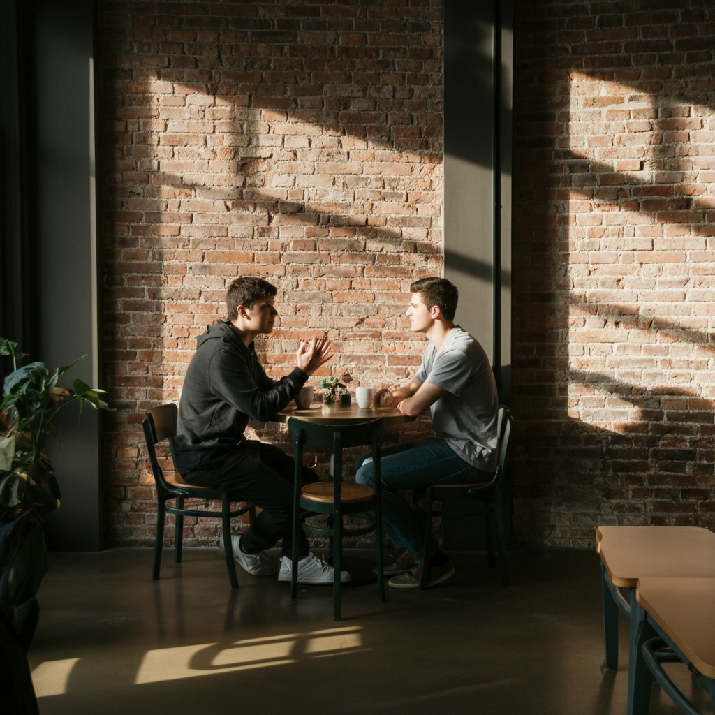 A brightly lit coffee shop with exposed brick walls. Two students sit at a small round table, deep in conversation. One student gestures expressively with their hands while the other listens intently. Sunlight streams through the large windows, creating a warm and inviting atmosphere.
