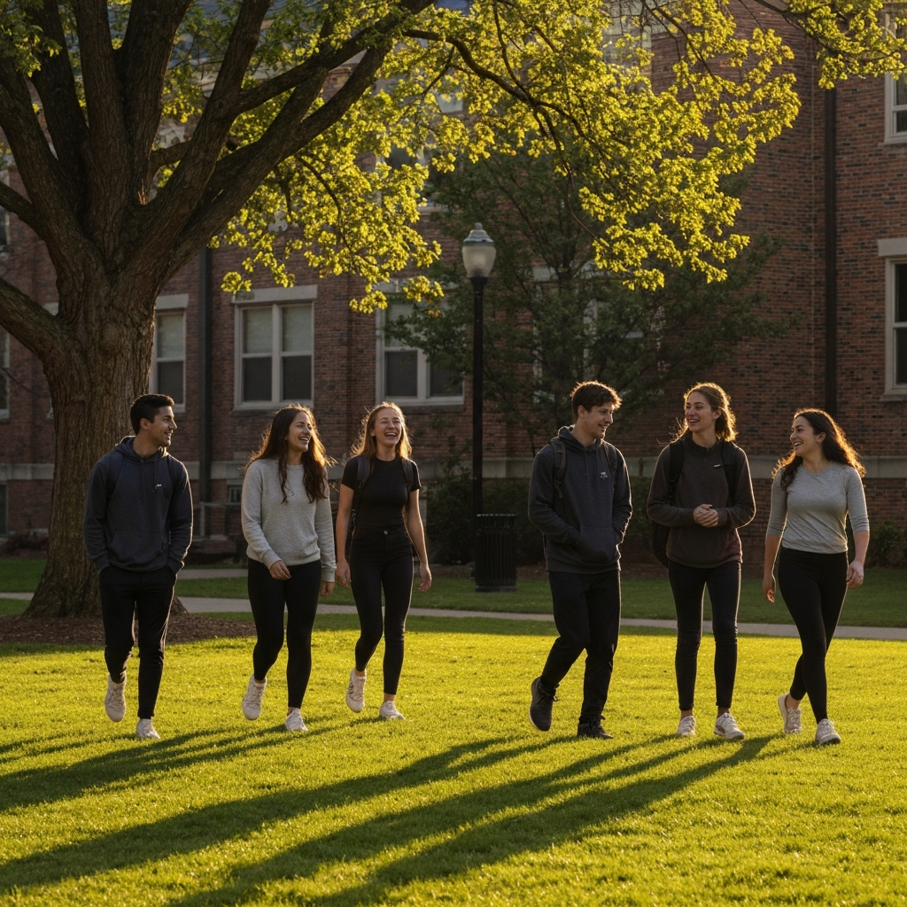 A group of students walking across a grassy campus quad, bathed in golden hour lighting. A mature tree casts long shadows across the scene, highlighting the textures of the brick buildings in the background. Students are laughing and engaged in animated conversation.