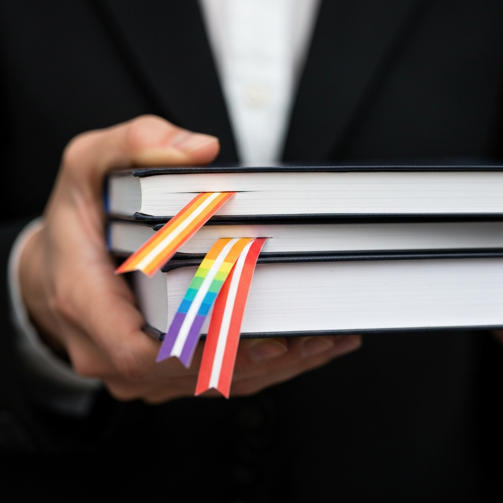 A close-up shot of a hand holding a stack of books with rainbow-colored bookmarks sticking out. The background is slightly blurred, focusing attention on the details of the books and the symbolic bookmarks.