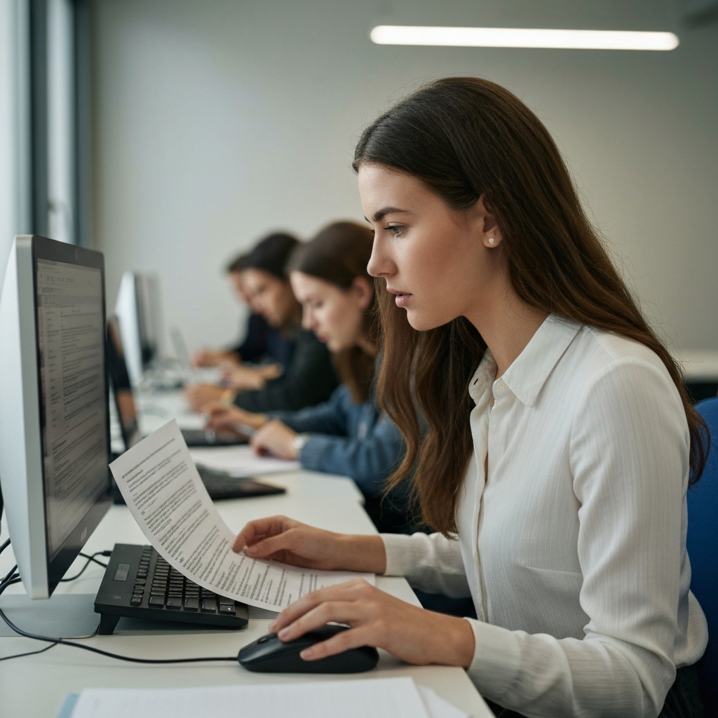 A young woman sitting at a computer in a brightly lit study room, carefully reviewing a document on the screen. Her brow is furrowed in concentration, and she occasionally clicks a mouse. The room is quiet and focused, with other students working diligently in the background.