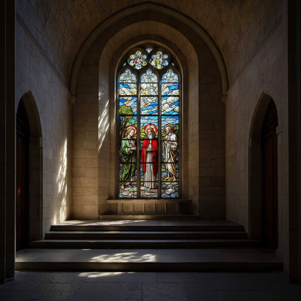 A stained-glass window in a chapel, depicting a scene of harmony and inclusion. Soft light streams through the window, casting colorful patterns on the stone floor. The scene conveys a sense of peace and spirituality, but also hints at the complexities of religious beliefs.