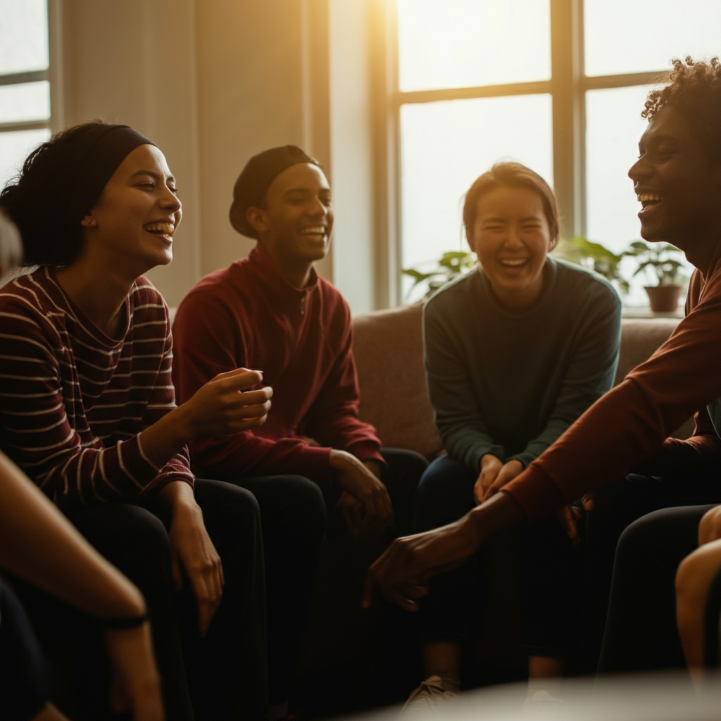 A group of diverse students gathered in a circle in a brightly lit common room. They are laughing and engaged in a lively discussion. A rainbow flag hangs discreetly in the background, symbolizing inclusivity and support.