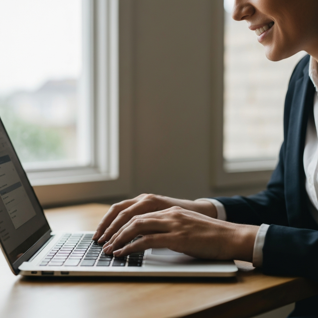 A close-up of a smiling person's hands typing on a laptop, soft natural light filtering in from a nearby window. The focus is on the keyboard and the screen, which shows a glimpse of an online form.