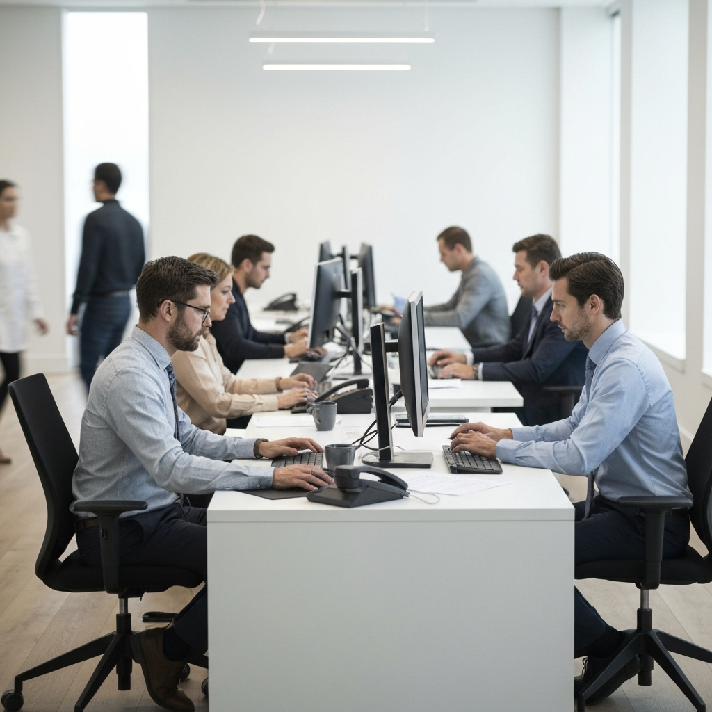 A brightly lit office setting, with several people sitting at desks, each looking at computer monitors. Soft bokeh in the background shows blurred figures walking by. The scene captures the focused atmosphere of a casting office reviewing applications.
