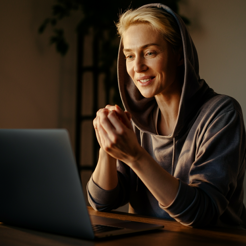 A person sitting in front of a laptop, engaged in a video call. The lighting is warm and flattering, highlighting their face. They are smiling and making eye contact with the camera.