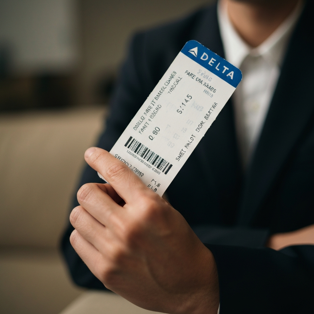 Close-up of a hand holding a Delta boarding pass, with soft bokeh in the background focusing on the fare class printed on the ticket.
