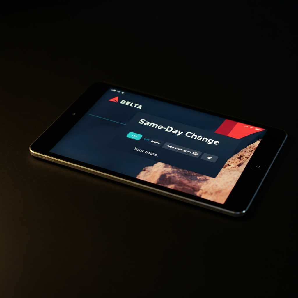 A tablet displaying the Delta app, highlighting the "Same-Day Change" option. Soft, diffused light illuminates the screen.