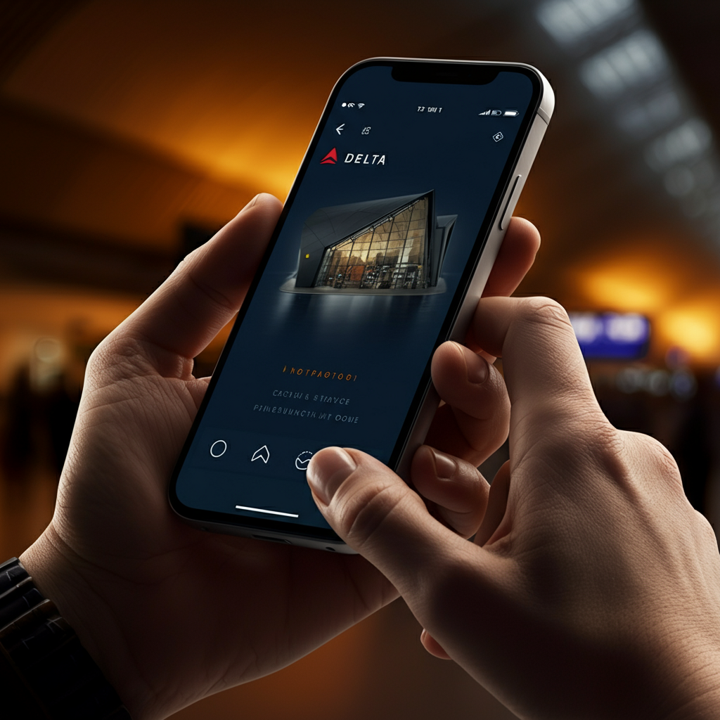 A hand using a smartphone to navigate the Delta app. The background features a blurred airport terminal with warm, ambient lighting.