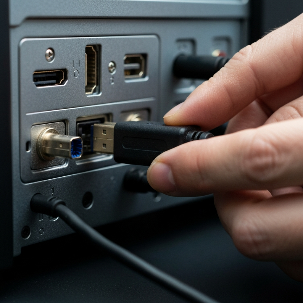 A close-up of a person's hands connecting an HDMI cable into the HDMI port on the back of a desktop computer. The surrounding ports are slightly blurred with a soft bokeh. The lighting is diffused and even, highlighting the textures of the metal ports.