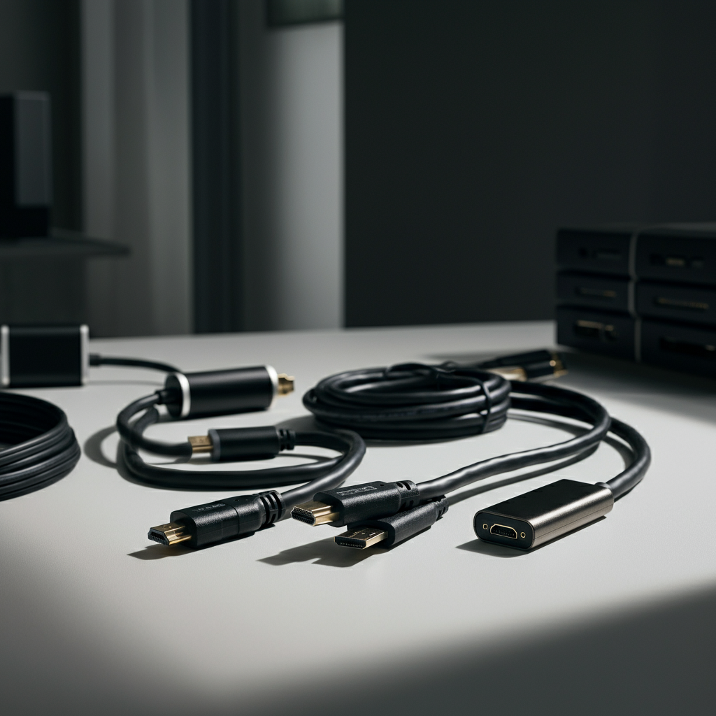 A neatly organized workspace with various HDMI cables and adapters arranged on a clean desk. The cables are coiled and labeled. The lighting is bright and natural, illuminating the textures of the cable jackets and connector ends.