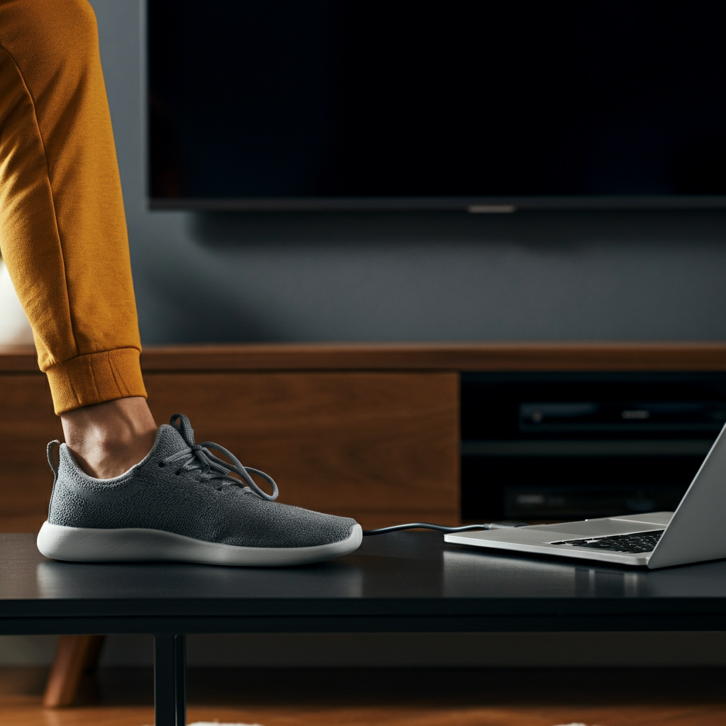 A medium shot of a living room setup, showing a TV mounted on the wall and a laptop placed on a coffee table. An HDMI cable is visibly connecting the two devices. The room is well-lit, with soft light filtering through a window.
