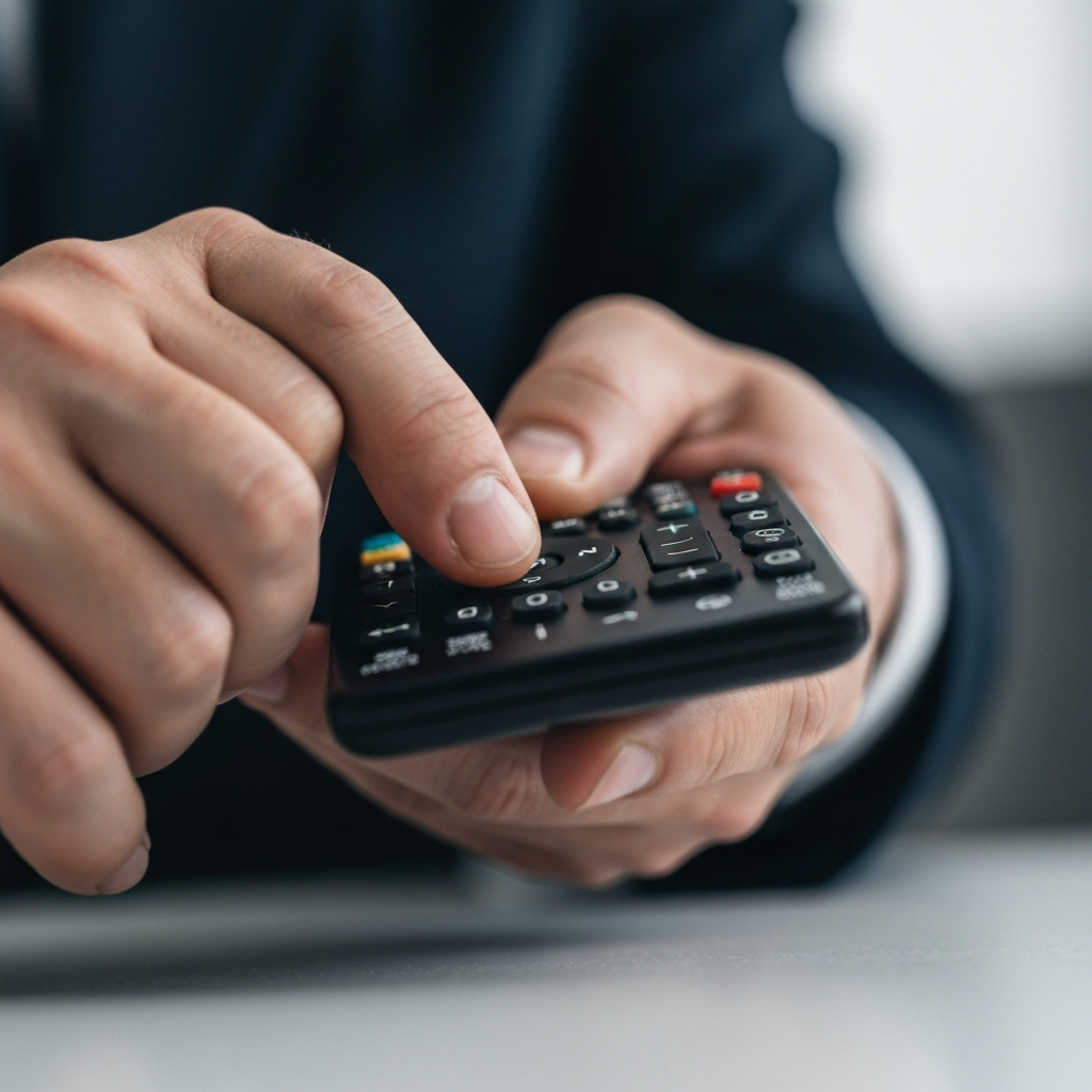 A close-up of a hand using a TV remote control. The remote is sleek and modern, with clearly labeled buttons. The background is slightly blurred, focusing attention on the person's hand and the remote.