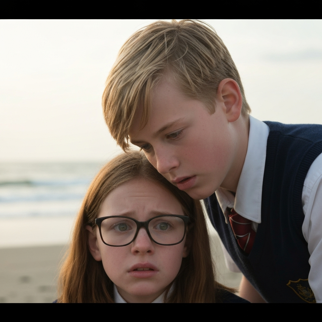 Softly lit beach. Ralph, preteen, fair hair, wearing remnants of a school uniform, peers down at Piggy, also preteen, with thick glasses and a worried expression. Shallow depth of field focuses on their faces.