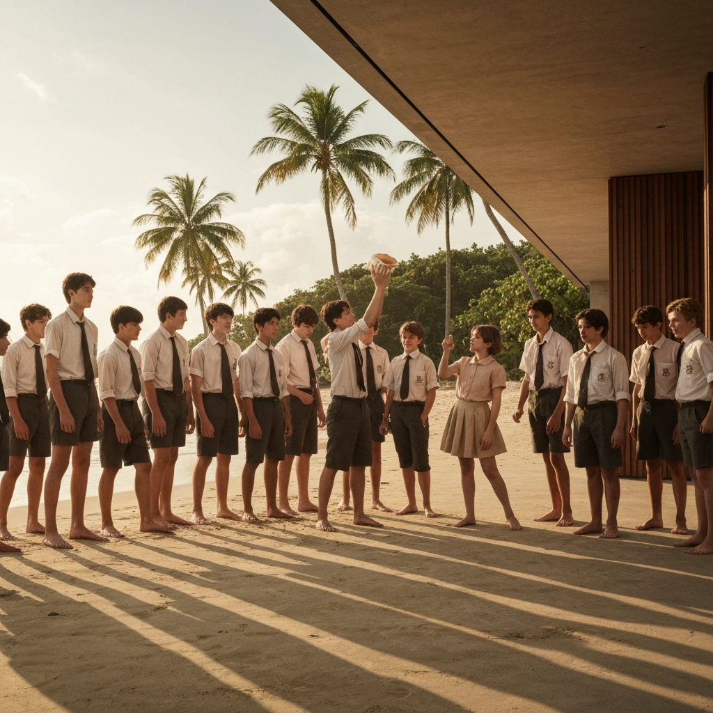 Wide shot of a tropical beach. Many schoolboys, varying ages, in disheveled school uniforms, gather around Ralph and Piggy, who holds up the conch shell. Golden hour lighting casting long shadows.