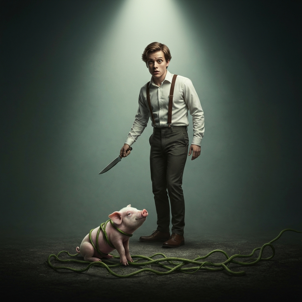 Jack, holding a knife, stands frozen in front of a piglet tangled in vines. Low angle shot emphasizing Jack's hesitation. Muted colors to convey tension.