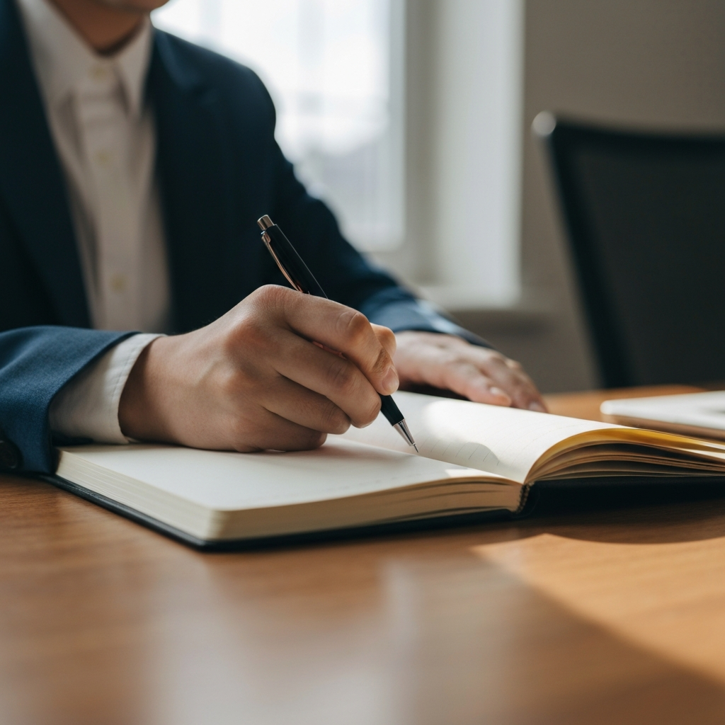 Close-up shot of a hand writing in a journal with a pen. The journal is open on a wooden desk with soft, natural light streaming in from a nearby window. Focus is on the texture of the paper and the ink flow.