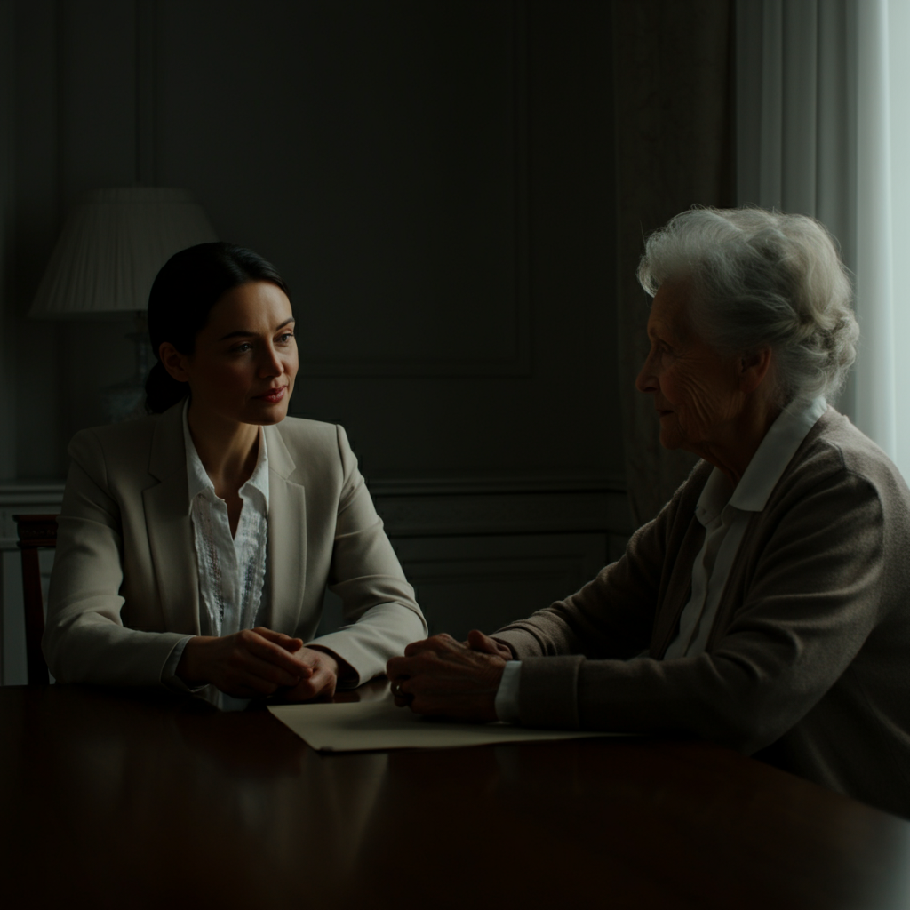A woman, professionally dressed, sitting at a table and having a conversation with her elderly mother. Both are facing each other with gentle facial expressions. Soft, diffused light from a window highlights their faces.