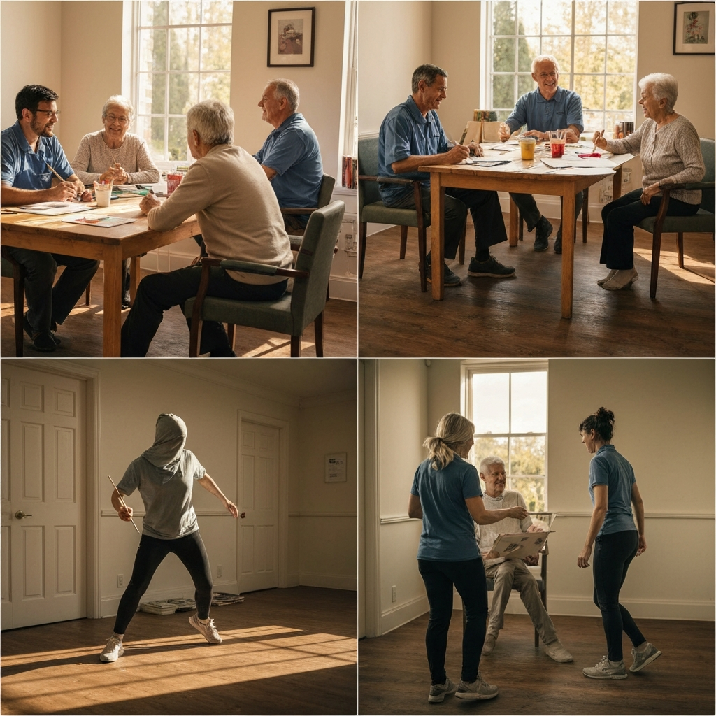 A bright and cheerful adult daycare center. Several elderly individuals are engaged in different activities such as painting, playing cards, and chatting with caregivers. Natural light fills the room, creating a welcoming atmosphere.