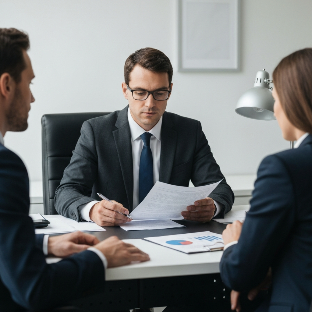 A financial advisor sitting at a desk, reviewing documents with a client. The office is clean and professional, with soft, ambient lighting.