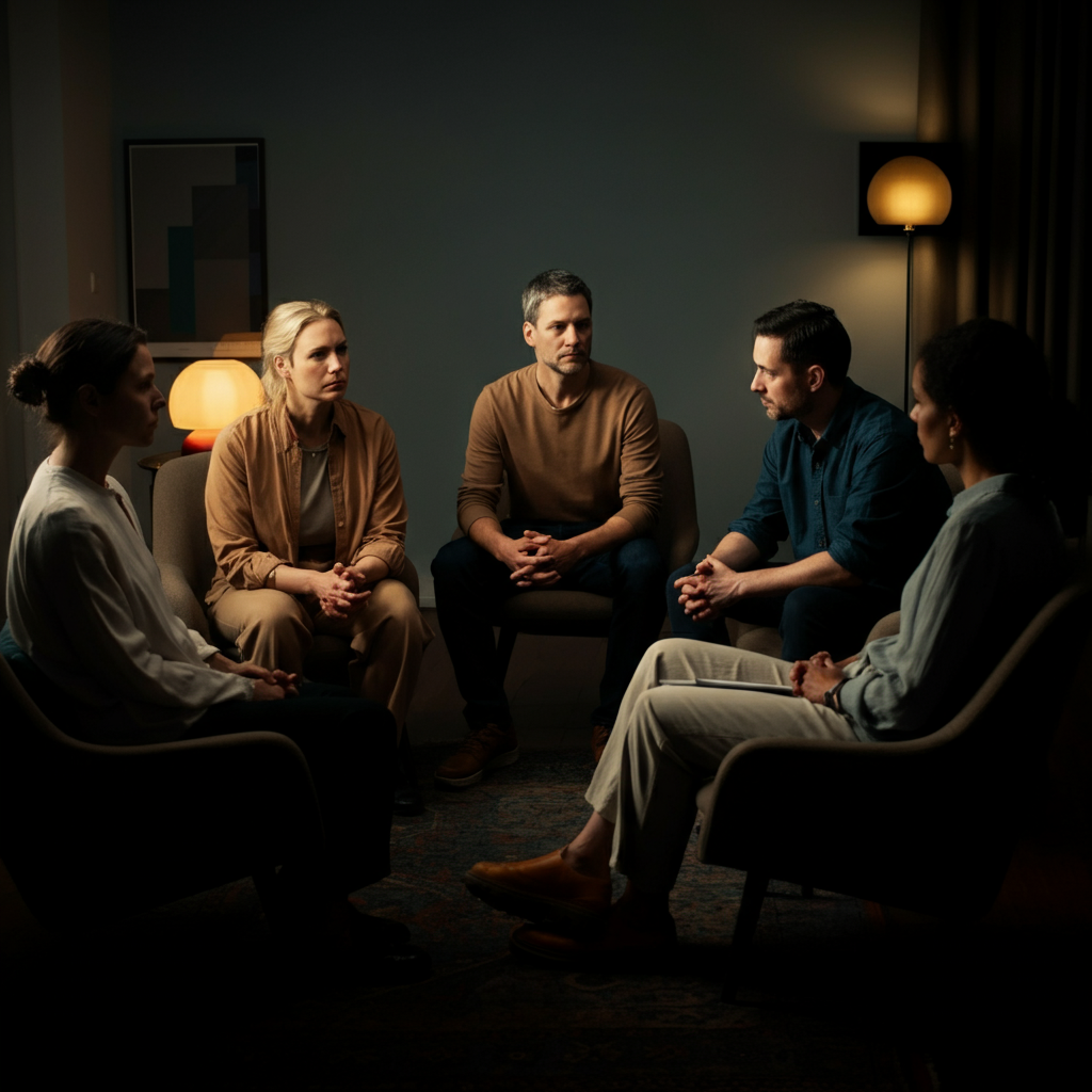 A small group of people sitting in a circle, engaged in a conversation. The room is softly lit and comfortable, creating a sense of intimacy and trust.
