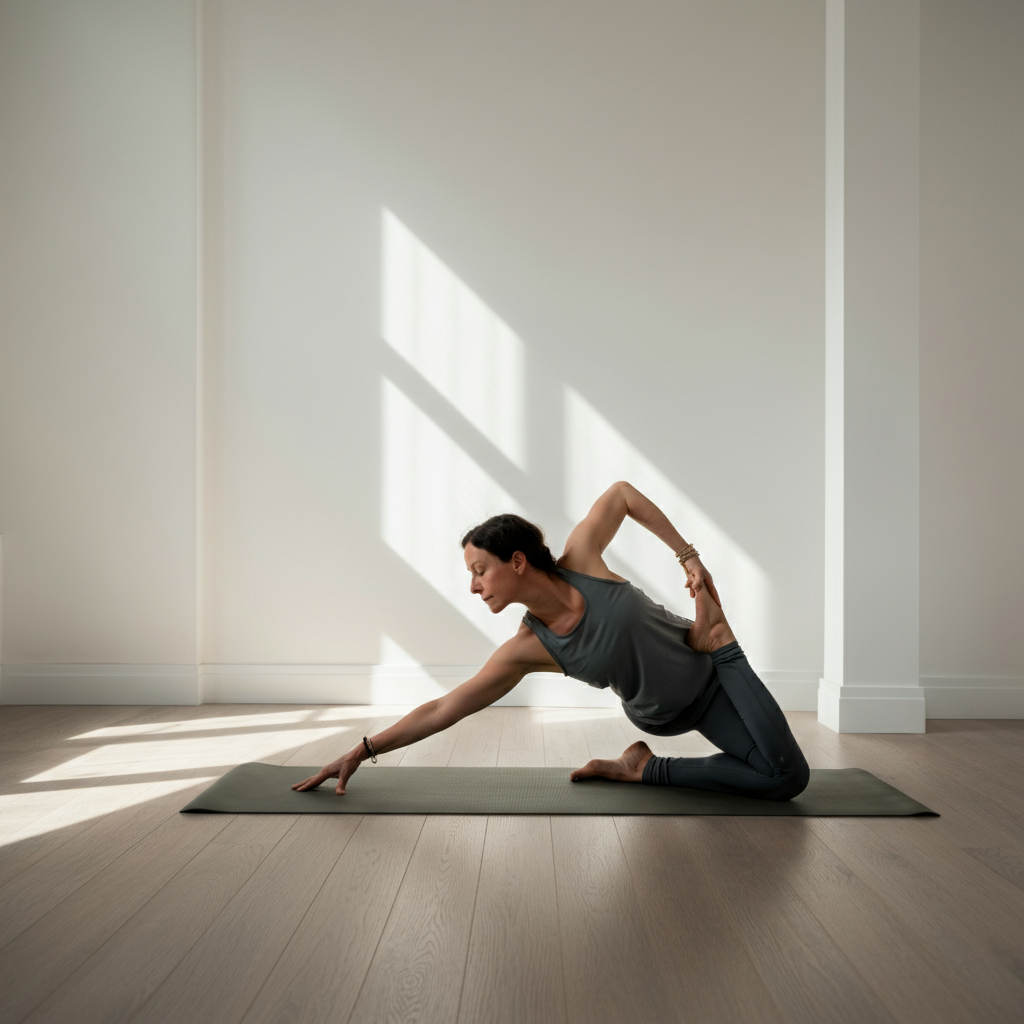 A woman practicing yoga in a bright, airy room. The lighting is soft and natural, creating a sense of peace and tranquility. Focus on the textures of the yoga mat and the flowing fabrics of her clothing.