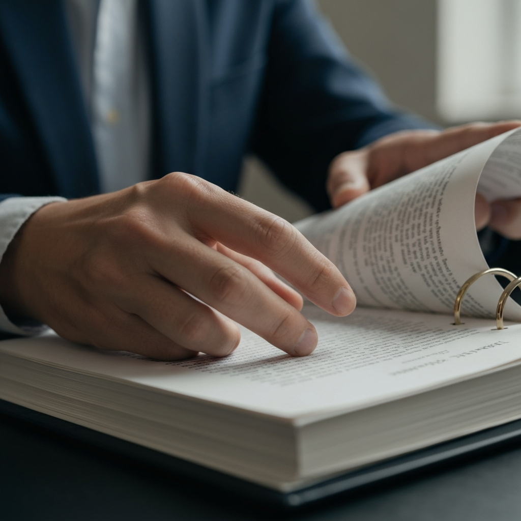 Close-up shot of a hand carefully turning the pages of a thick, bound legal document, with soft, natural light highlighting the texture of the paper.