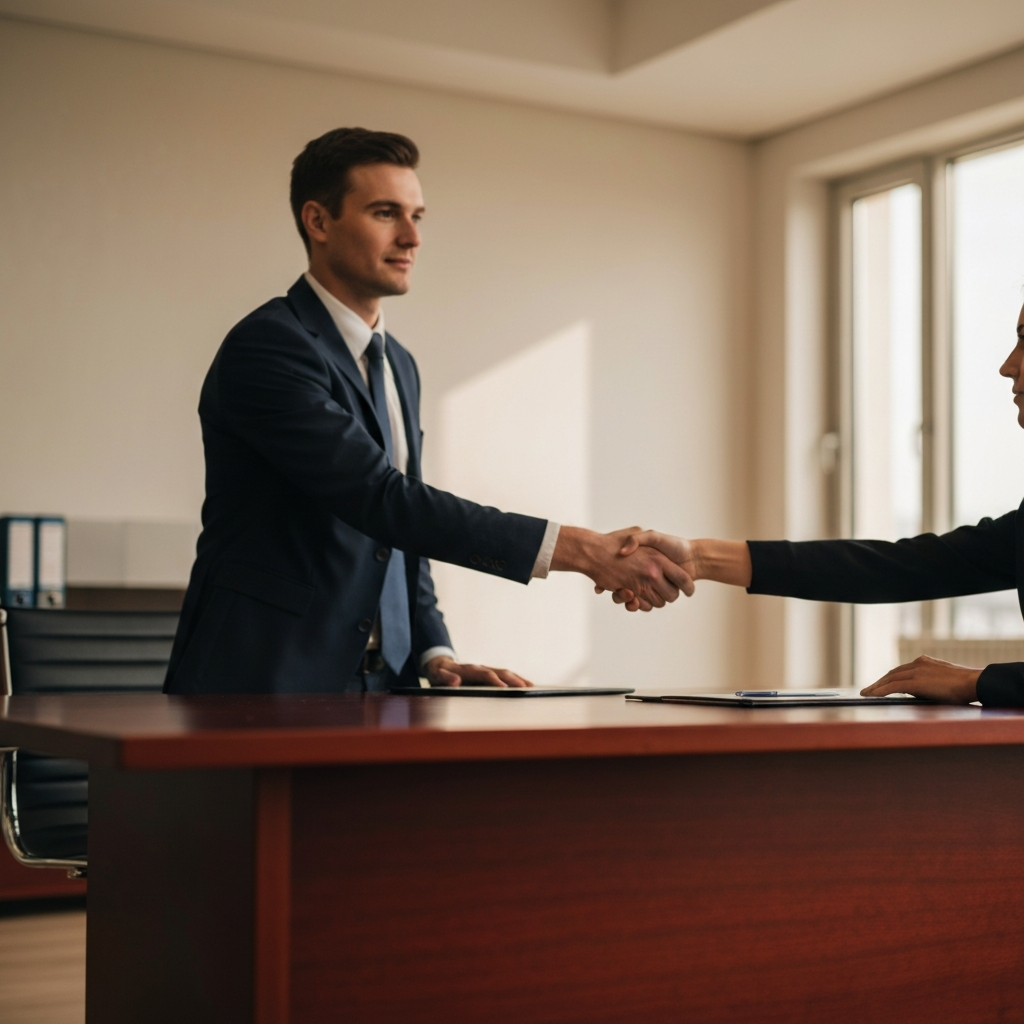 A professional office setting with a blurred background, featuring a person in a business suit shaking hands with another person across a mahogany desk. The scene is lit with warm, indirect light.