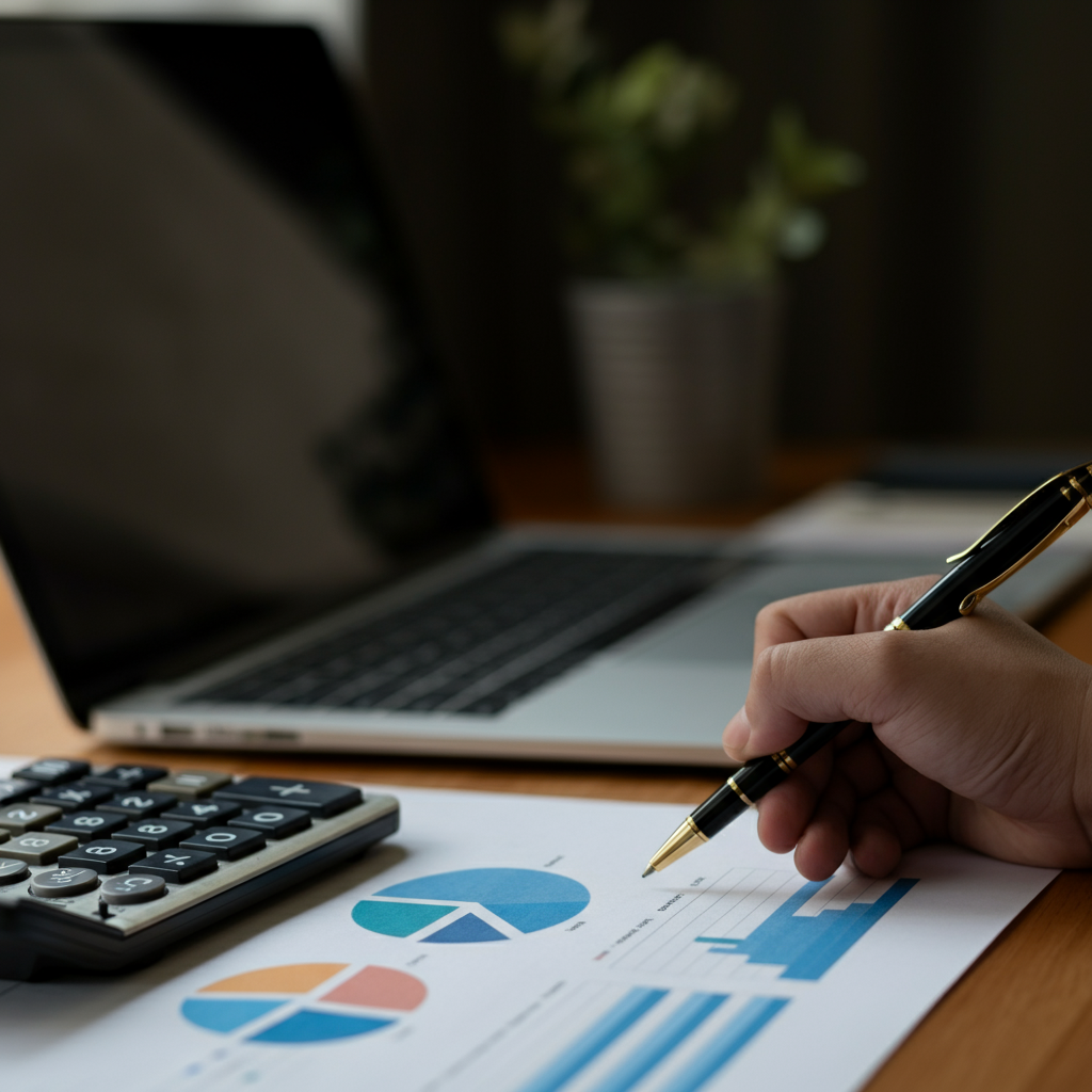A well-organized office desk with a calculator, a pen, and a financial report visible. The report is side-lit, showcasing the texture of the paper and highlighting important figures.