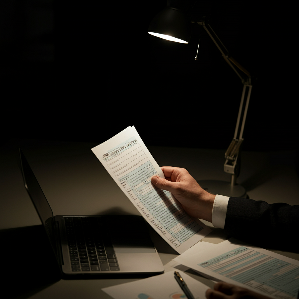 A person reviewing tax forms at a desk, illuminated by a warm desk lamp. The focus is on the forms and the person's hands, emphasizing the detail and complexity of the documents.