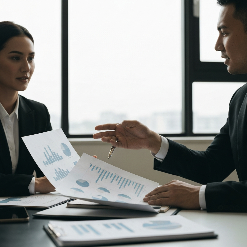 A broker gesturing during a professional meeting, highlighting the points in a financial document. Natural window light illuminates the scene, creating a warm and professional atmosphere.
