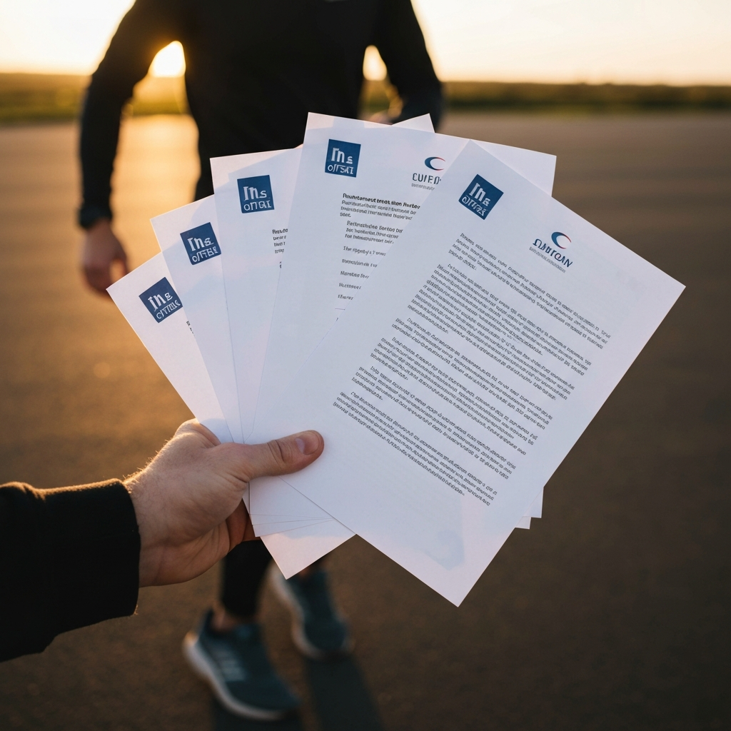 A hand holding several offer documents, each with a distinct logo, fanned out for comparison. The documents are crisp and clean, showcasing the importance of reviewing multiple offers.