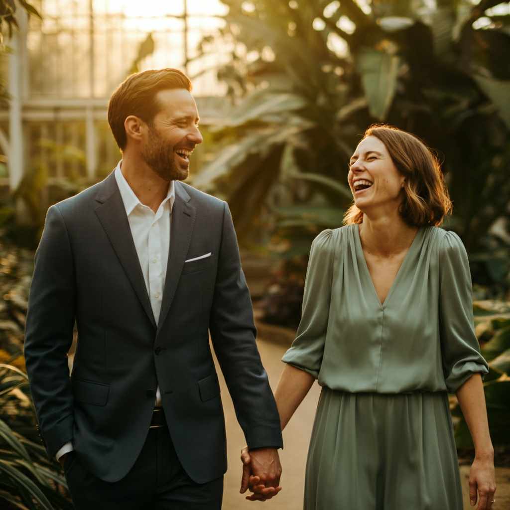 A couple laughs, walking hand-in-hand along a sun-drenched path in a botanical garden. Soft golden hour lighting filters through the leaves, creating dappled shadows. Shallow depth of field emphasizes the couple.
