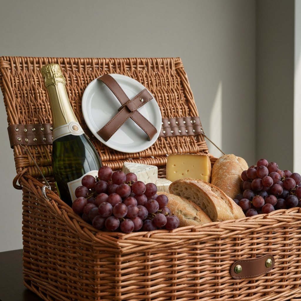 A close-up shot of a wicker picnic basket overflowing with colorful fruits, cheeses, and crusty bread. The textures are highlighted by side lighting. A bottle of sparkling cider is nestled among the food.