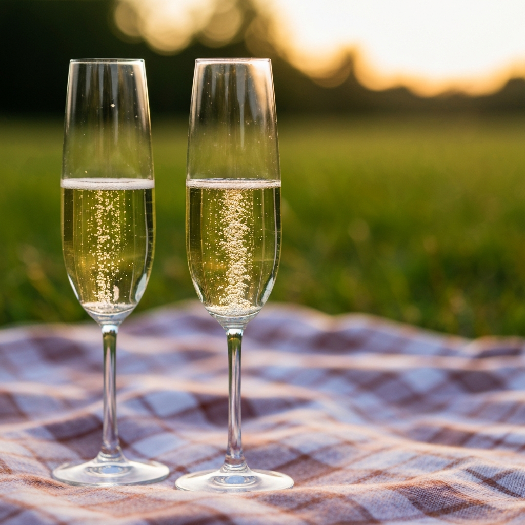 Two champagne flutes stand on a checkered picnic blanket, partially filled with sparkling wine. Soft bokeh in the background reveals a lush green meadow. The focus is sharp on the bubbles rising in the flutes.