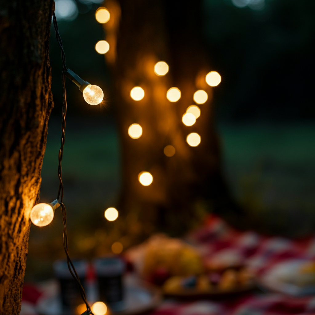 Close-up of battery-powered fairy lights draped around a tree branch, casting a warm glow onto a picnic blanket below. The lights are slightly blurred, creating a dreamy effect. The focus is on the soft, diffused light.
