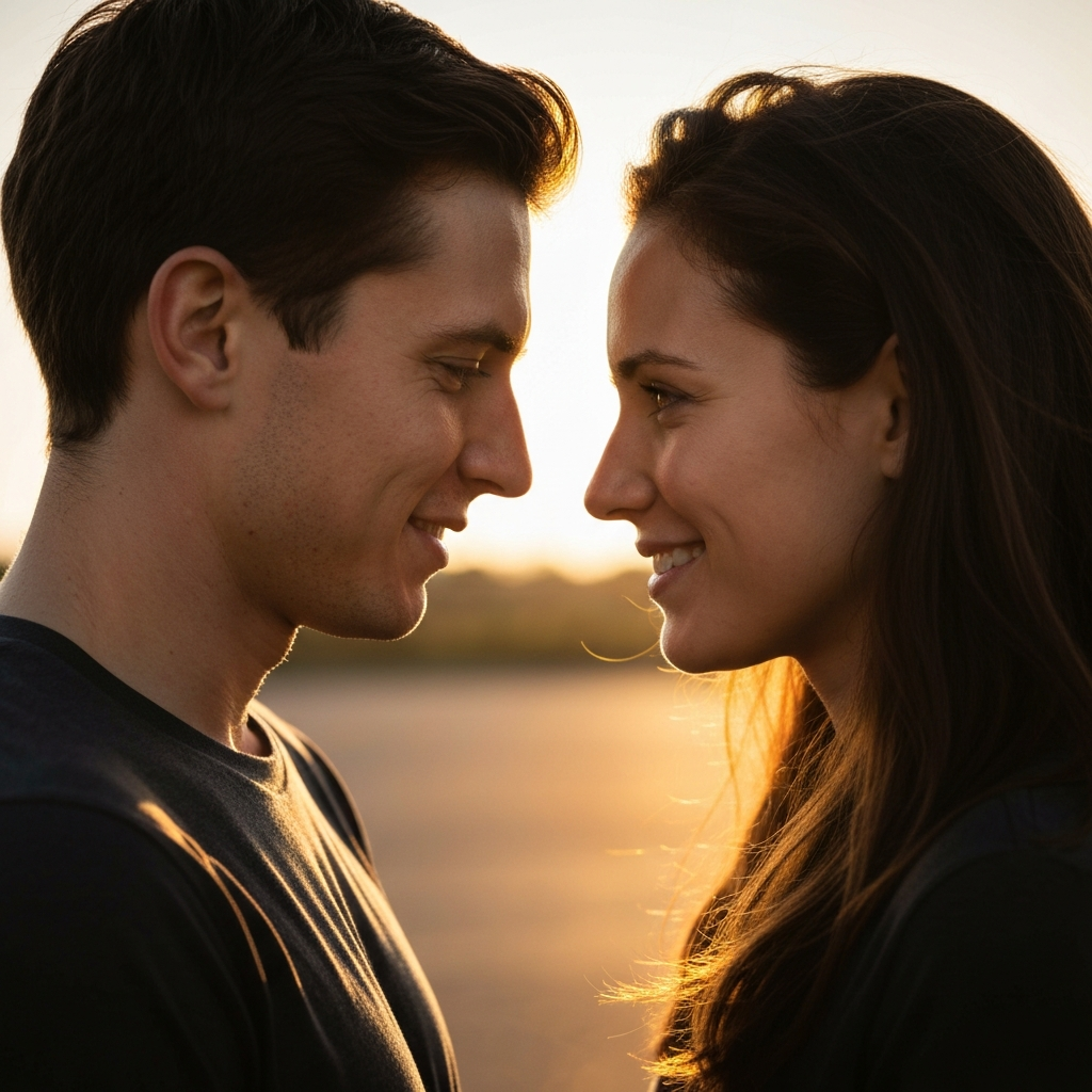 A couple gazing into each other's eyes, with soft smiles. Side lighting illuminates their faces. The background is intentionally blurred to emphasize the connection between them.