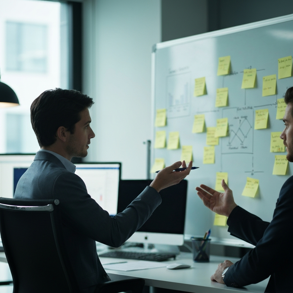 A well-lit office with a whiteboard covered in notes and diagrams. Two people, dressed in business casual attire, are discussing the notes. Soft bokeh in the background shows computer screens and analytical equipment.