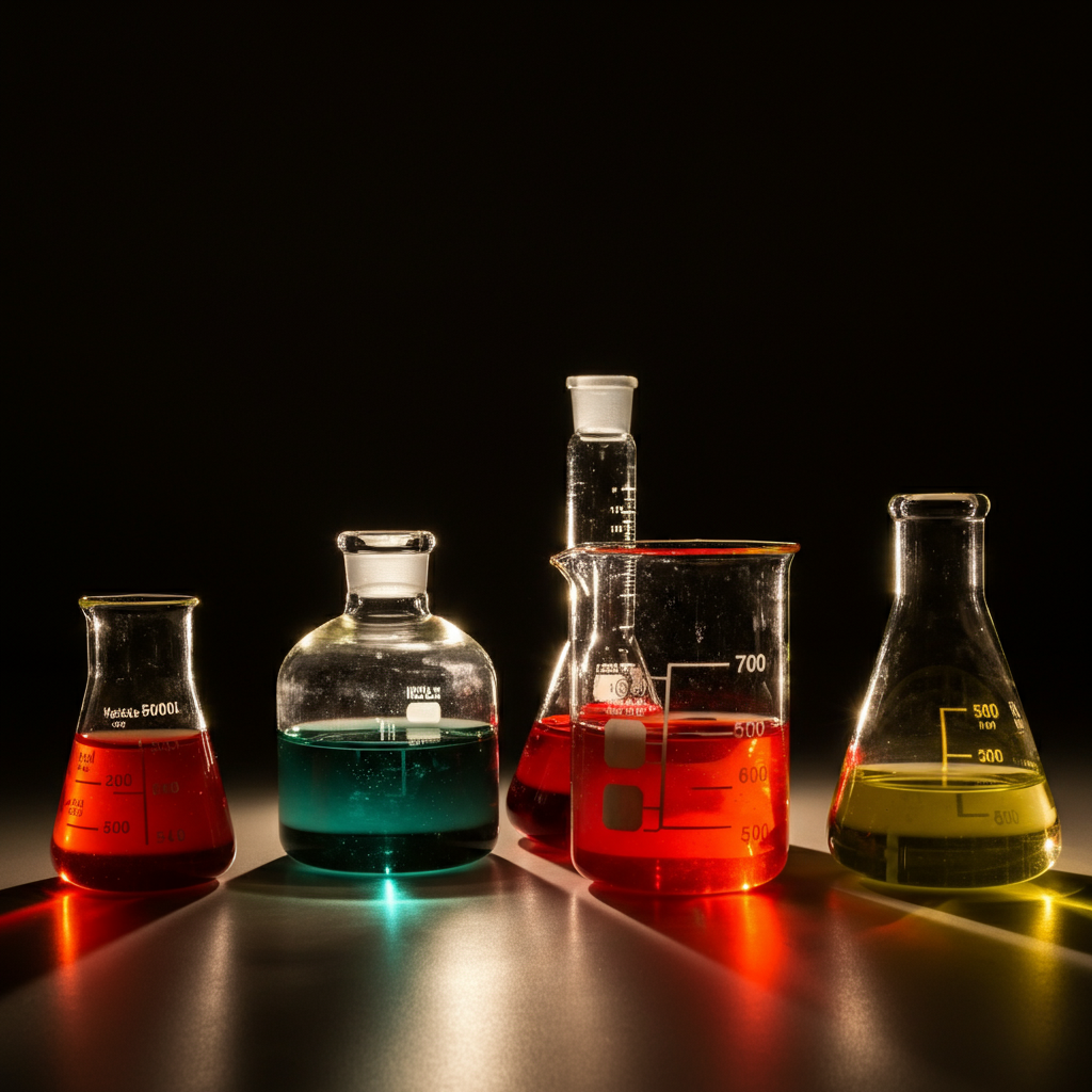 A close-up shot of several different-sized beakers filled with colored liquids on a lab bench. The lighting highlights the textures of the glass and the varying transparency of the liquids.