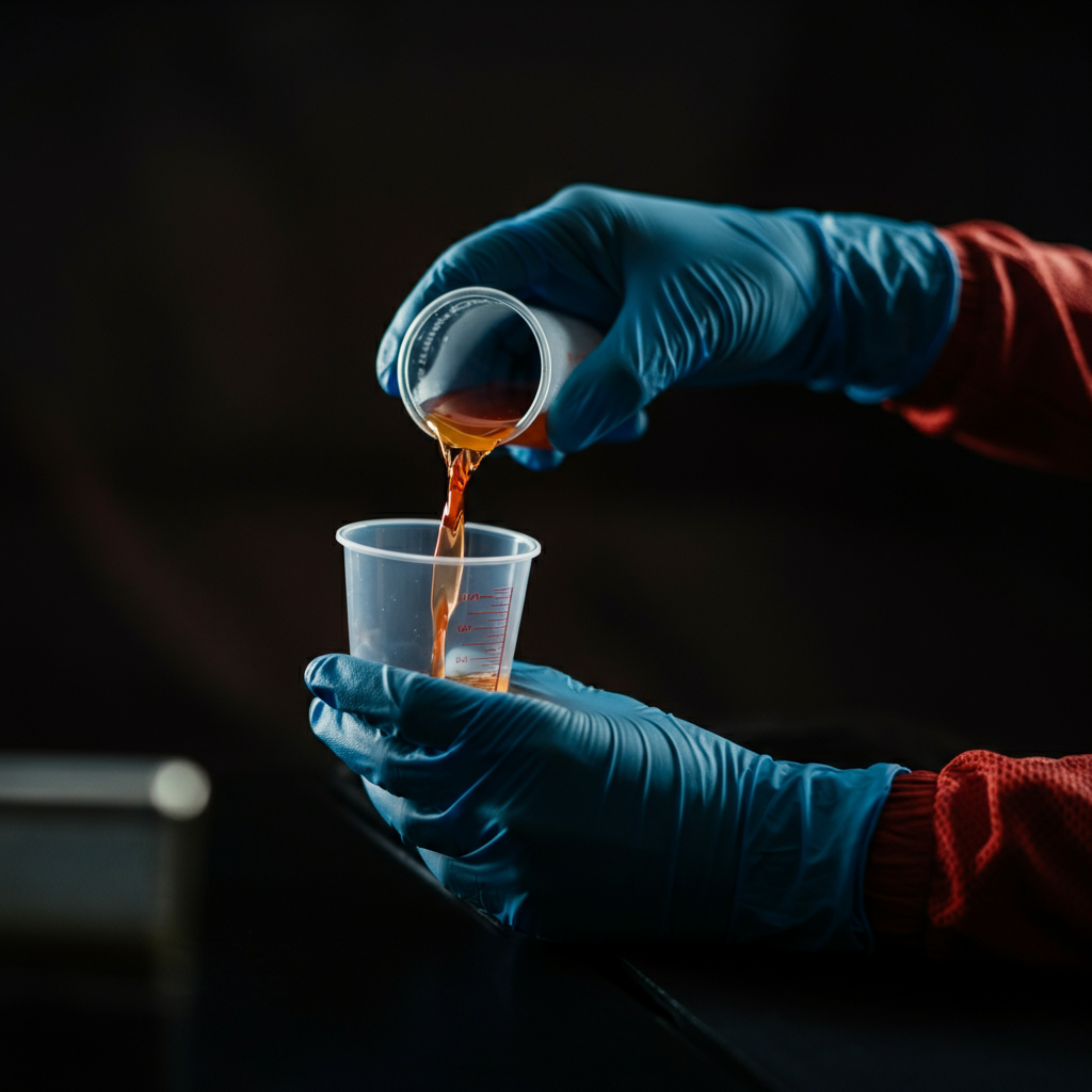 A gloved hand carefully pouring a measured amount of liquid into a small, clear plastic cup. Soft, diffused lighting eliminates harsh shadows and shows the liquid's consistency.